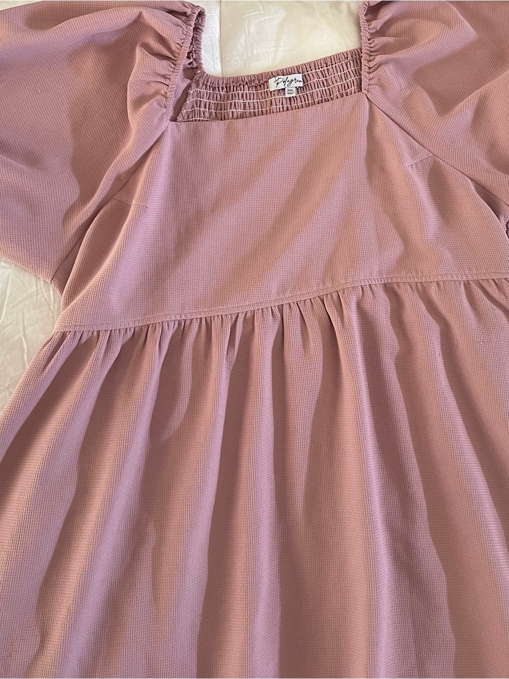 Polagram Plus Size 3XL Mauve Dusty Rose Puff Sleeve Babydoll Mini Dress Pockets